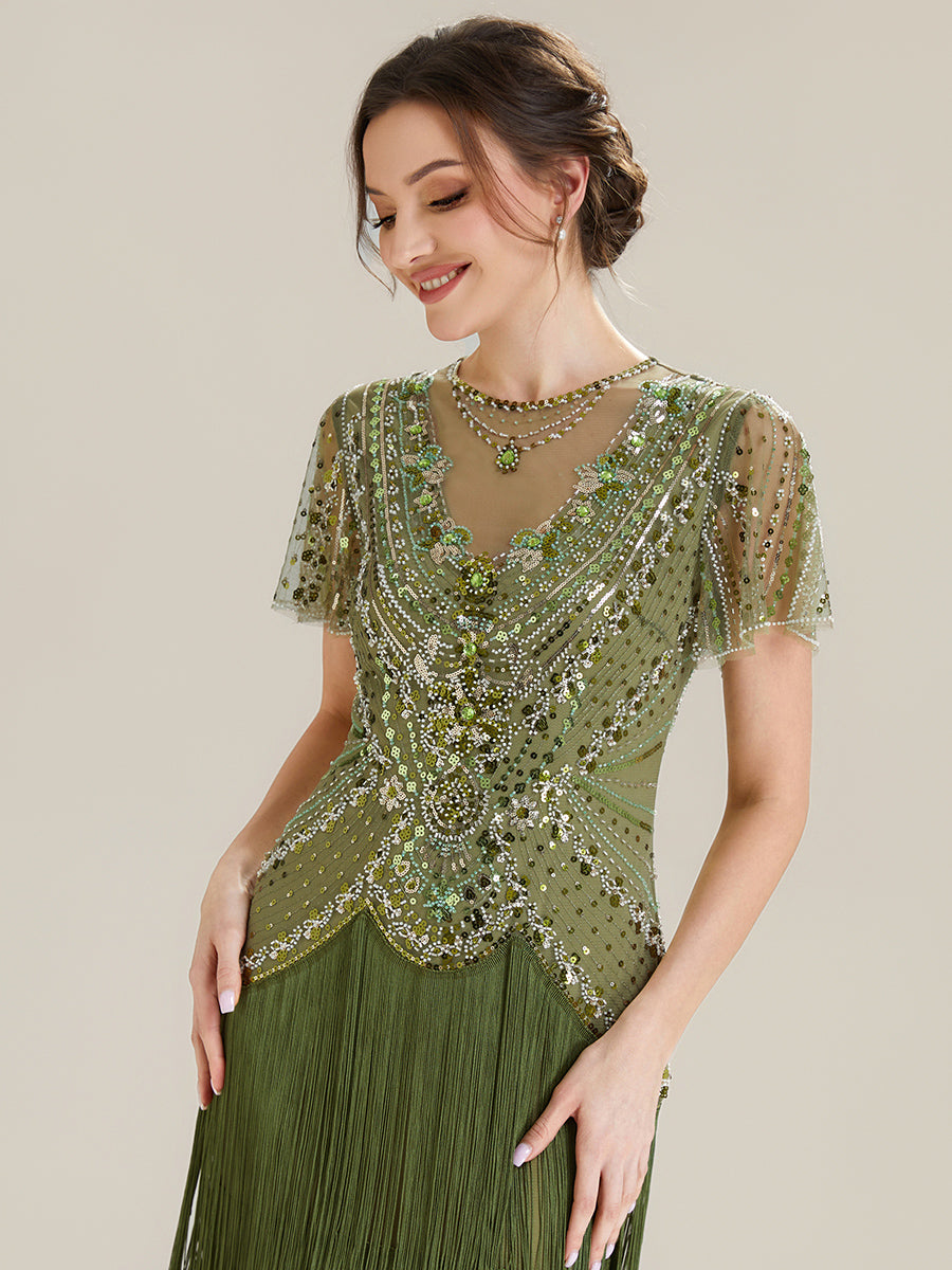 robe midi à manches courtes avec volants et col rond ornée de patchwork en perles #Couleur_Vert Olive