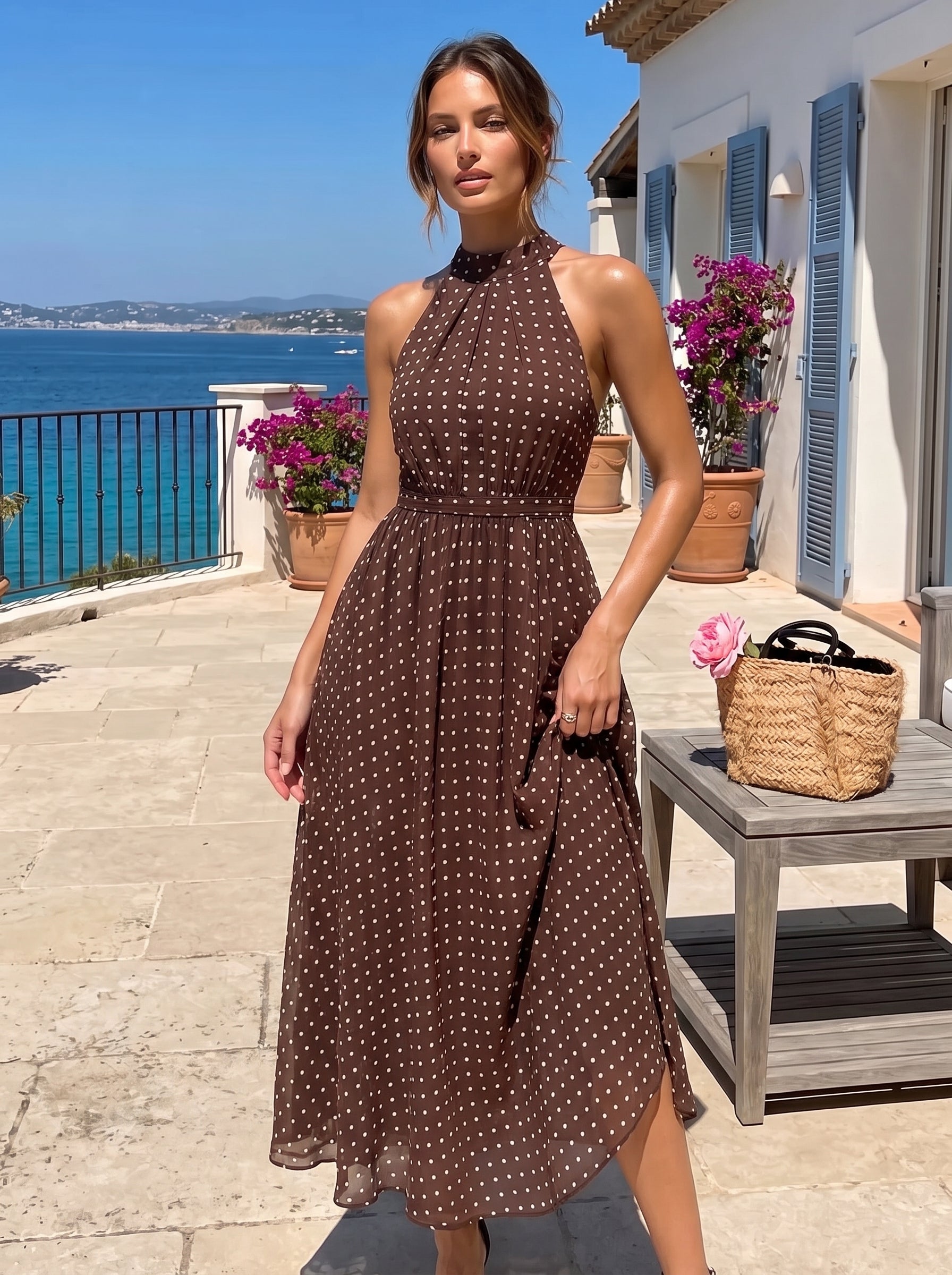 Robe midi A ligne à pois plissée sans bretelles et à col halter #Couleur_Pois Marrons