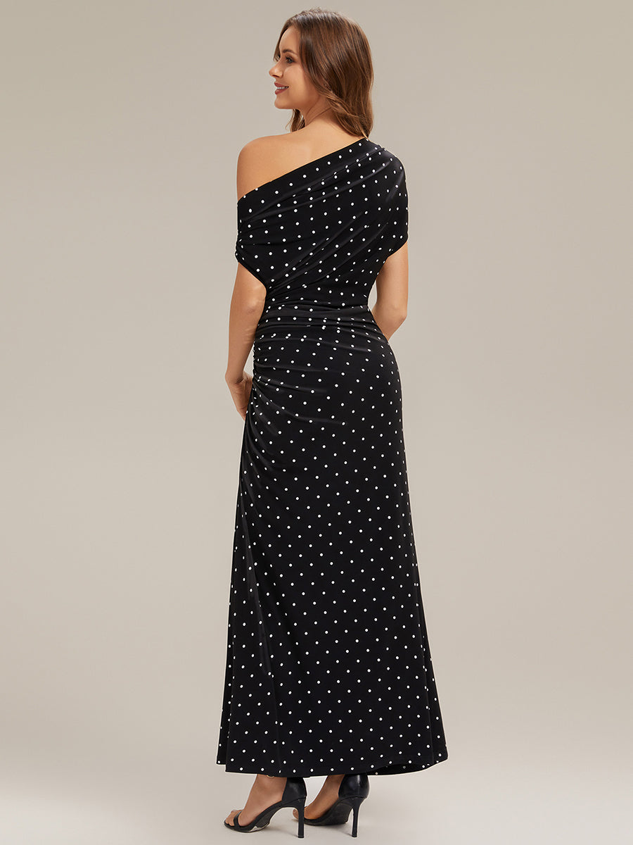 robe maxi ajustée à pois asymétriques à manches courtes et haute élasticité #Couleur_Noir à pois
