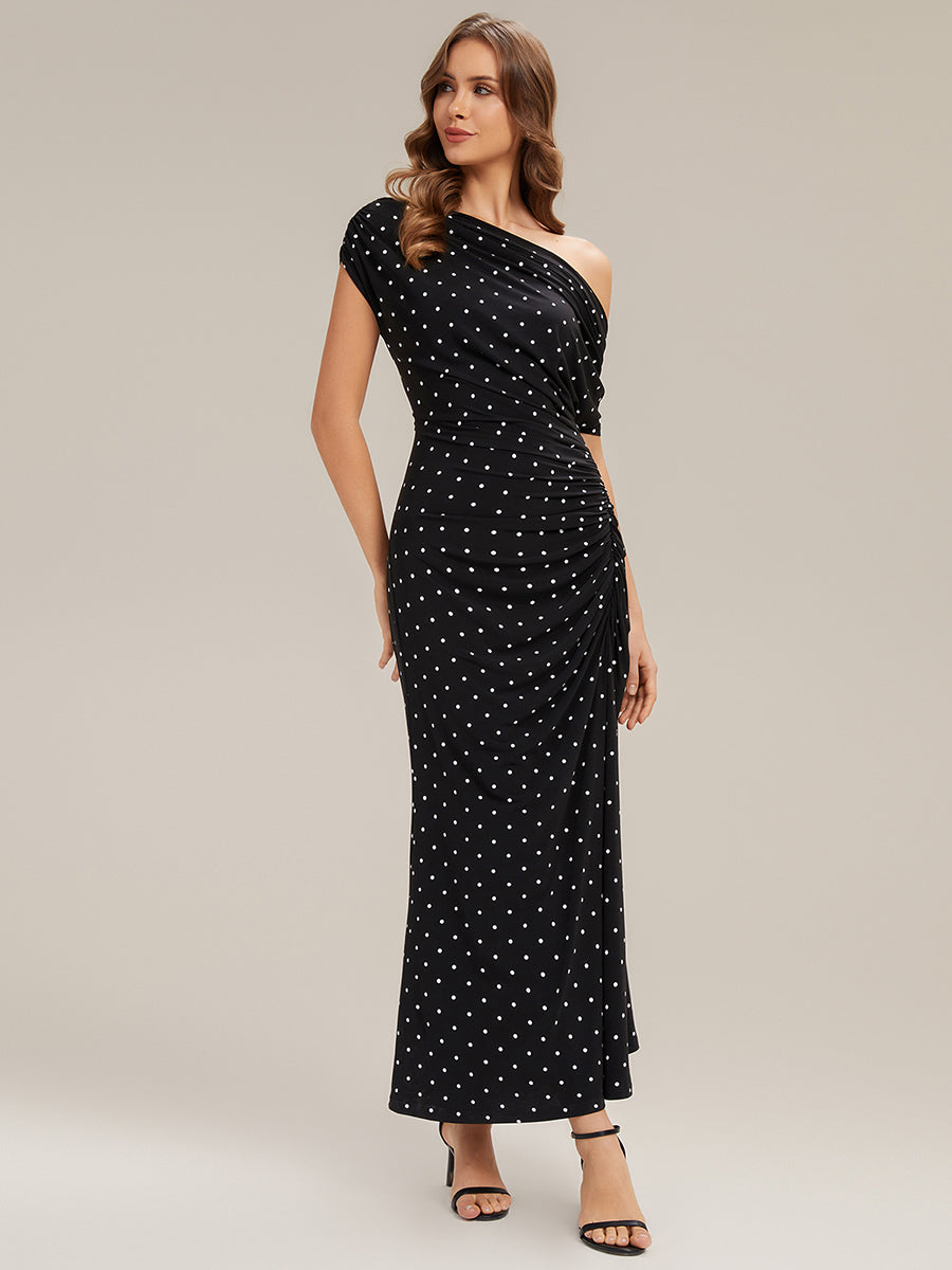 robe maxi ajustée à pois asymétriques à manches courtes et haute élasticité #Couleur_Noir à pois