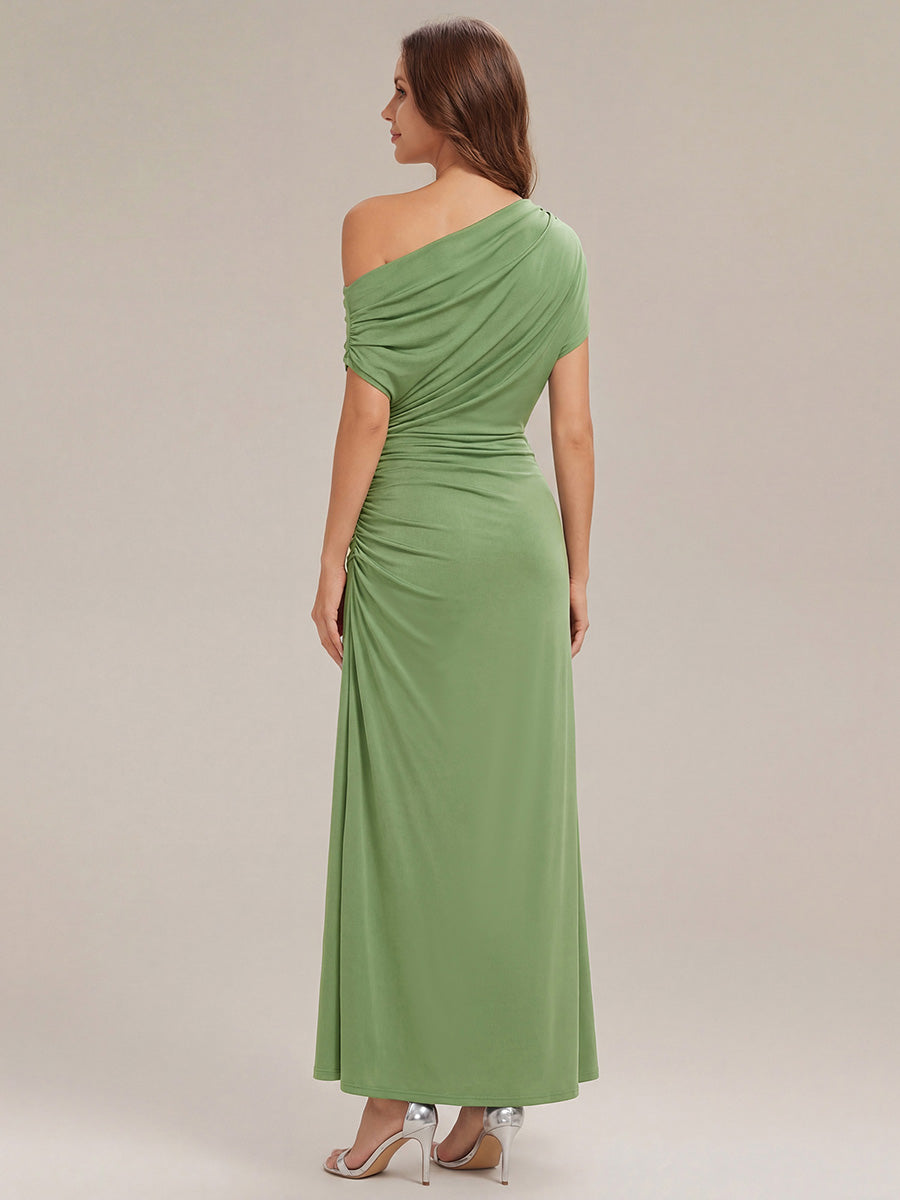 robe maxi ajustée à pois asymétriques à manches courtes et haute élasticité #Couleur_Vert sauge