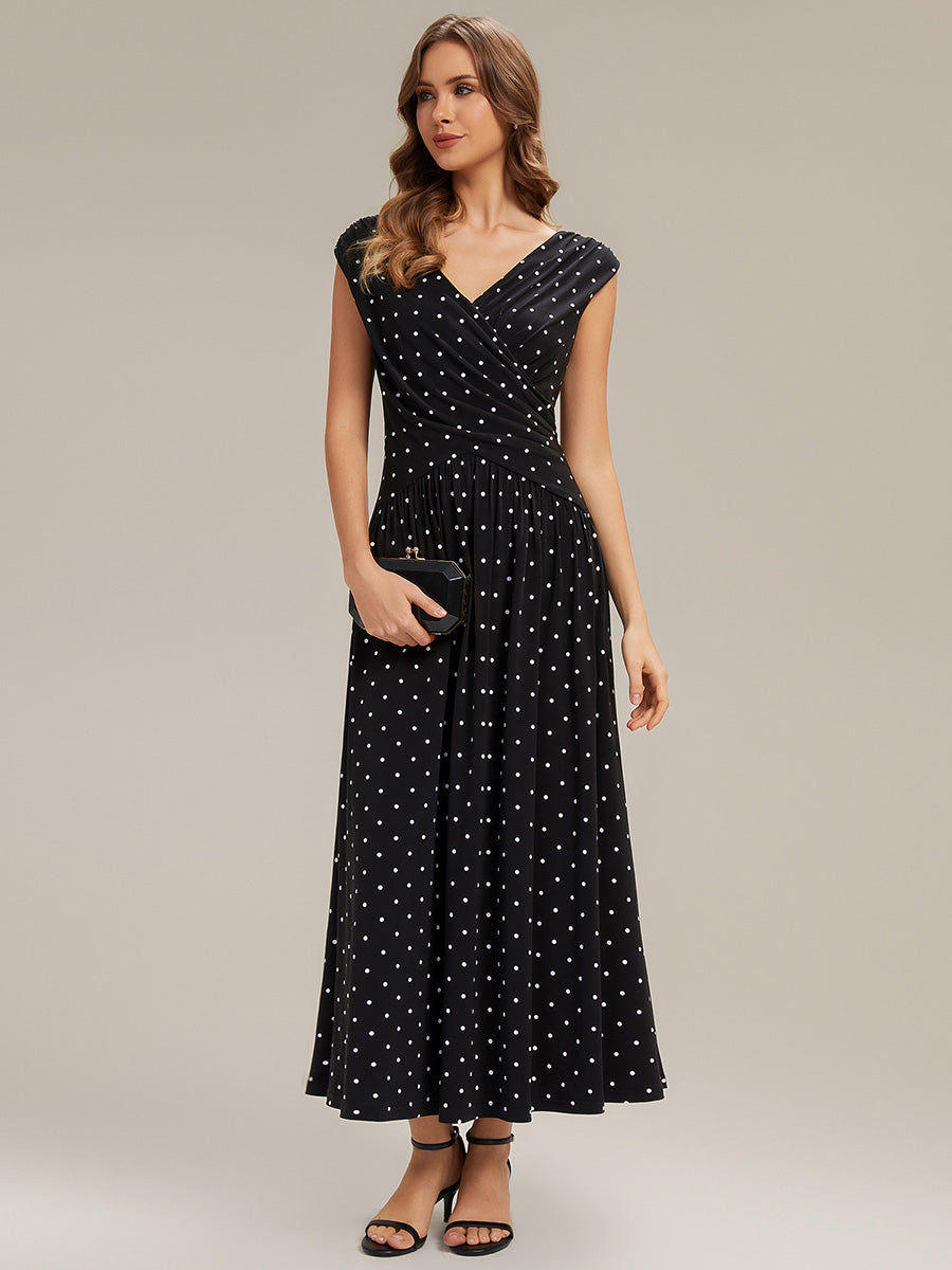 Robe maxi sans bretelles à décolleté en V en jersey extensible avec pois froncés #Couleur_Noir à pois