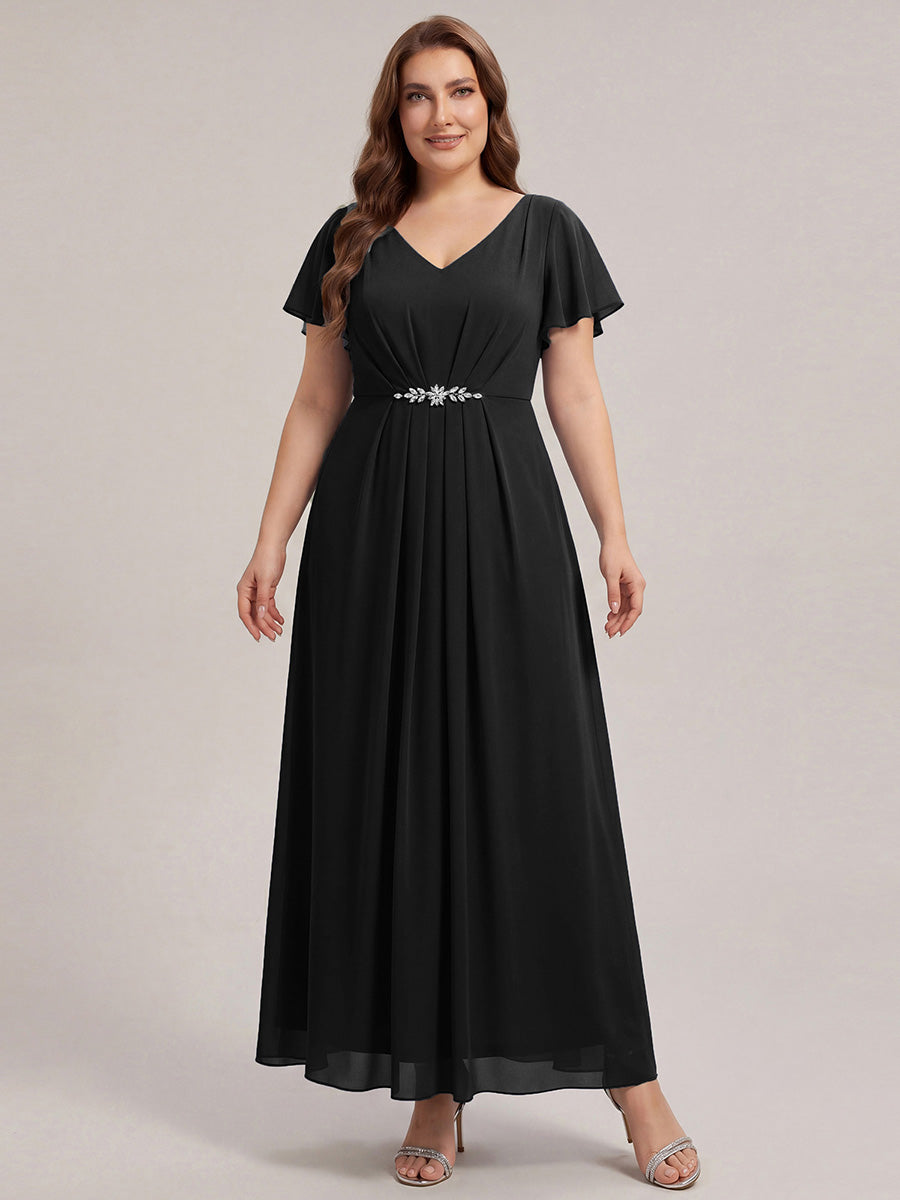 Robe longue maxi ligne A avec manches à volants col en V ornée de strass #Couleur_Noir