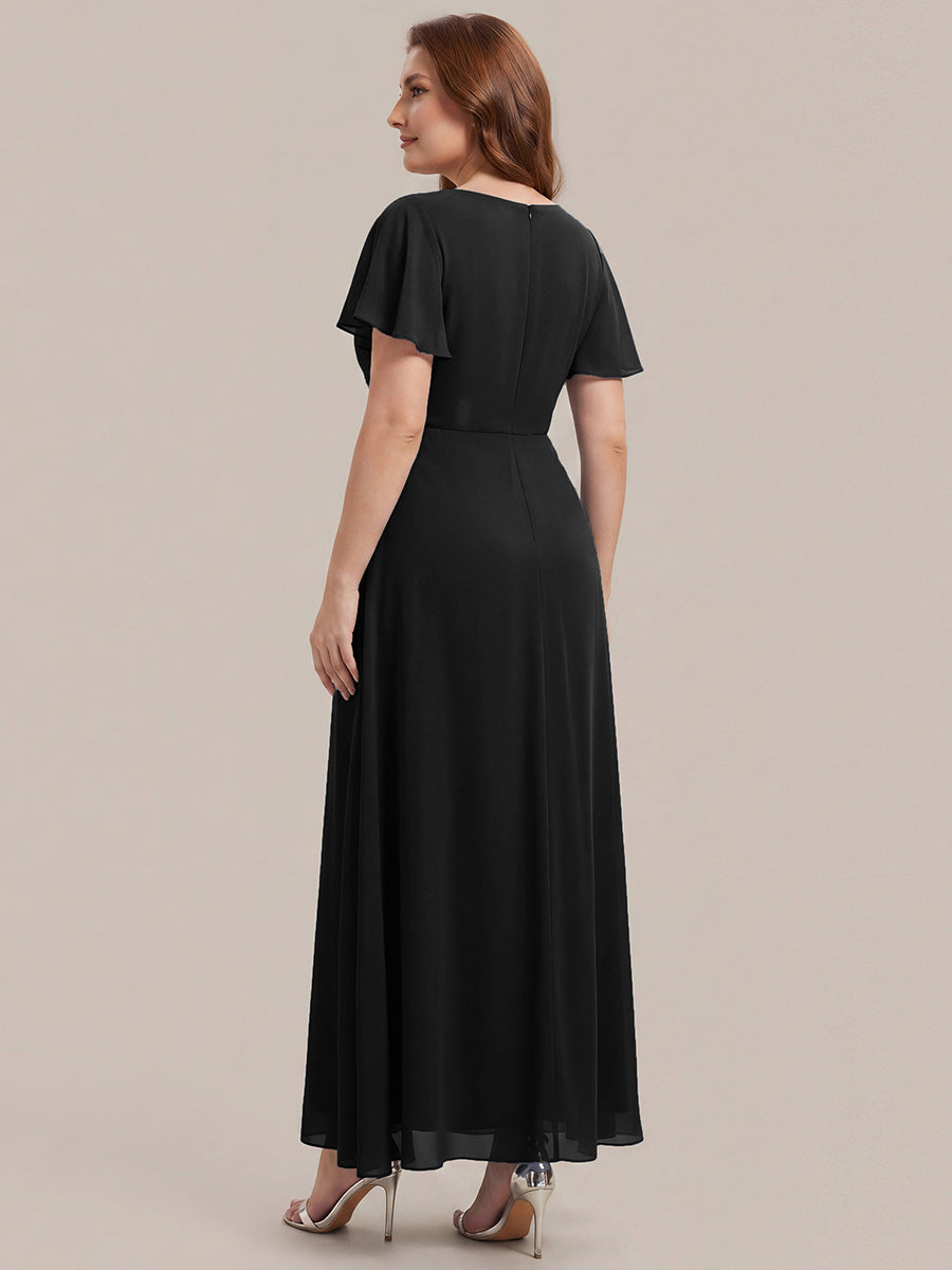 Robe longue maxi ligne A avec manches à volants col en V ornée de strass #Couleur_Noir