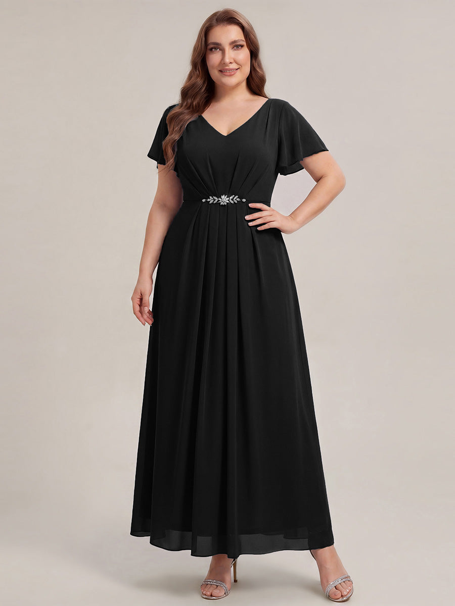 Robe longue maxi ligne A avec manches à volants col en V ornée de strass #Couleur_Noir