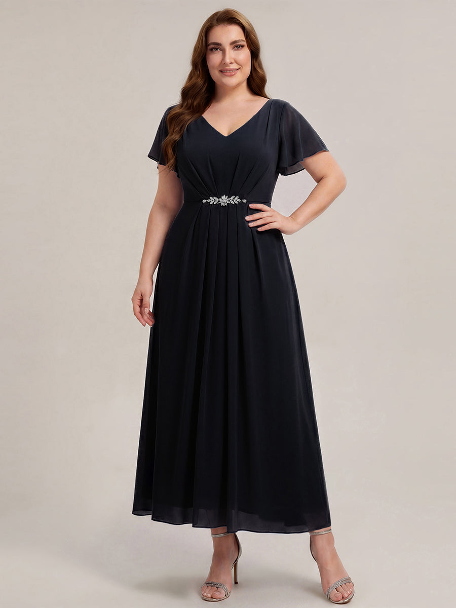 Robe longue maxi ligne A avec manches à volants col en V ornée de strass #Couleur_Noir