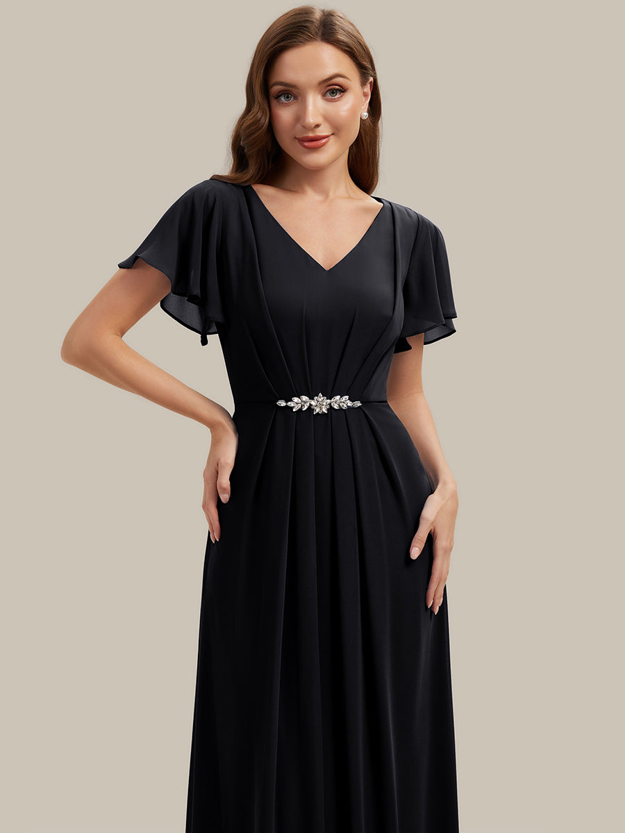 Robe longue maxi ligne A avec manches à volants col en V ornée de strass #Couleur_Noir