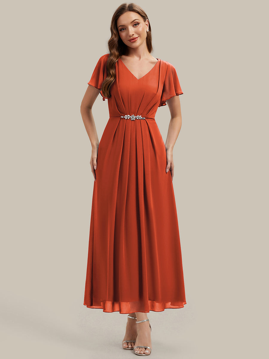 Robe longue maxi ligne A avec manches à volants col en V ornée de strass #Couleur_Burnt Orange