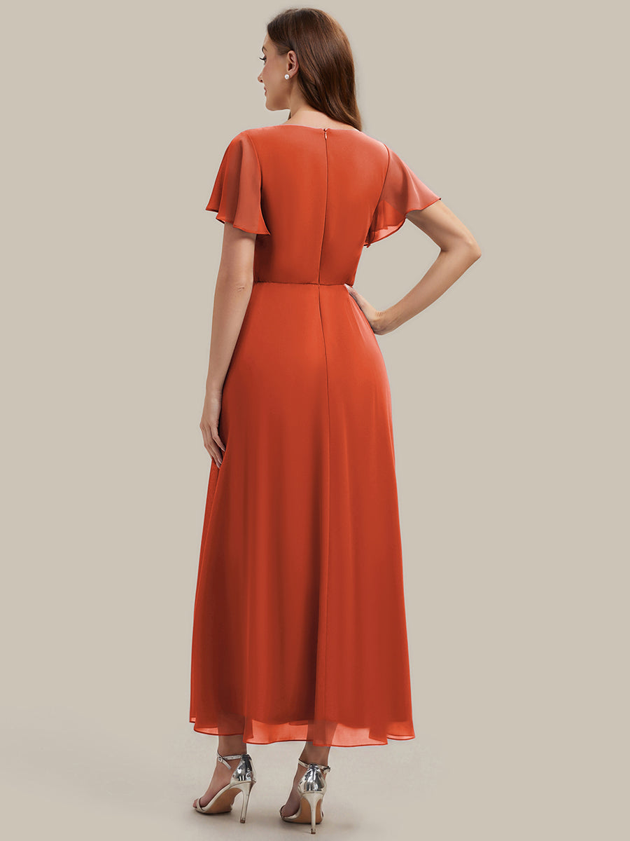Robe longue maxi ligne A avec manches à volants col en V ornée de strass #Couleur_Burnt Orange