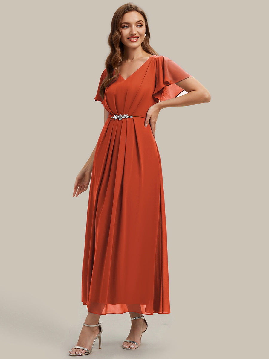 Robe longue maxi ligne A avec manches à volants col en V ornée de strass #Couleur_Burnt Orange