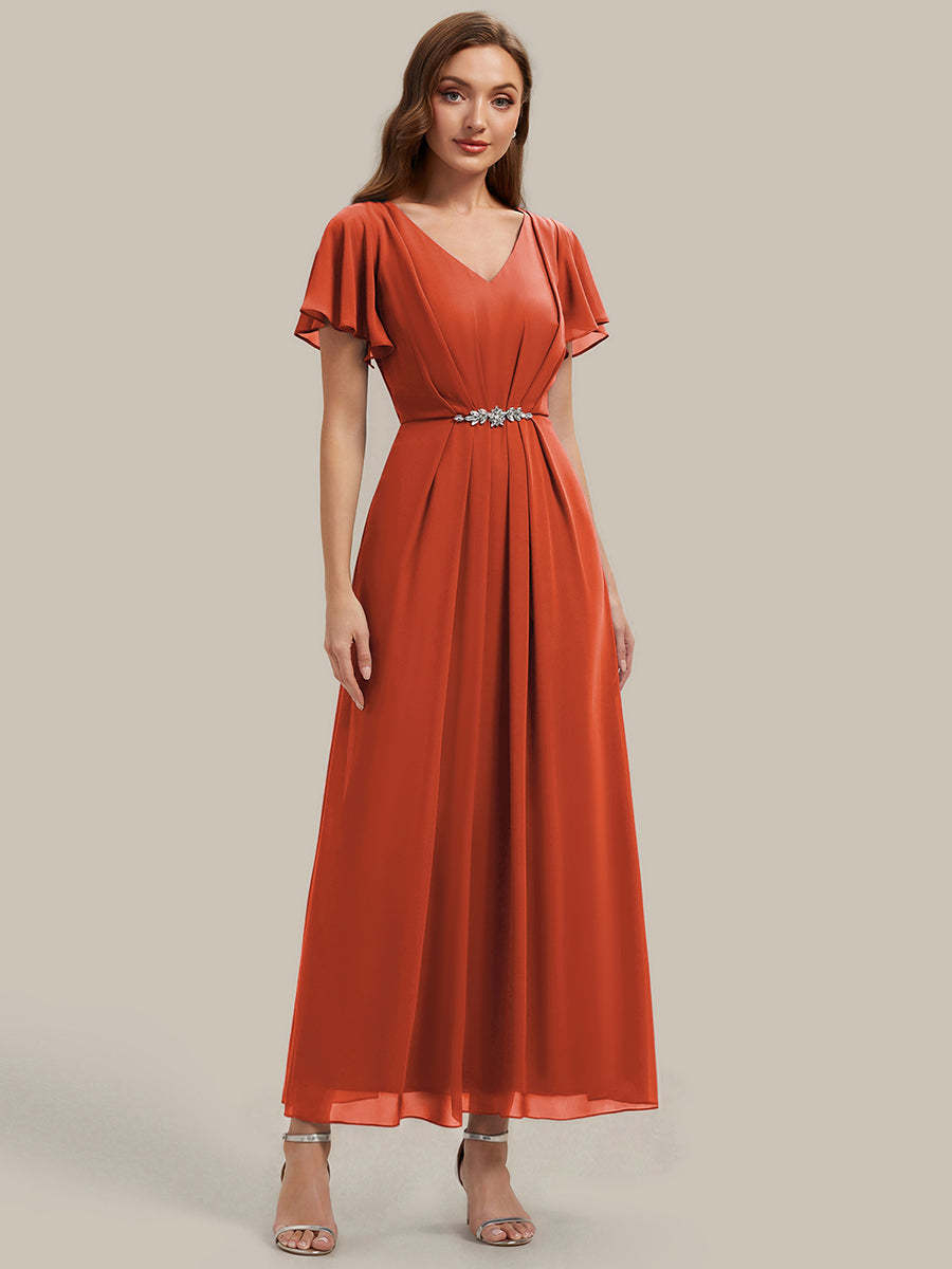 Robe longue maxi ligne A avec manches à volants col en V ornée de strass #Couleur_Burnt Orange