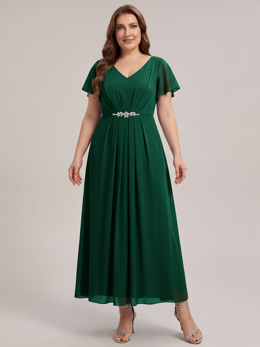 Robe longue maxi ligne A avec manches à volants col en V ornée de strass #Couleur_Vert Fonce