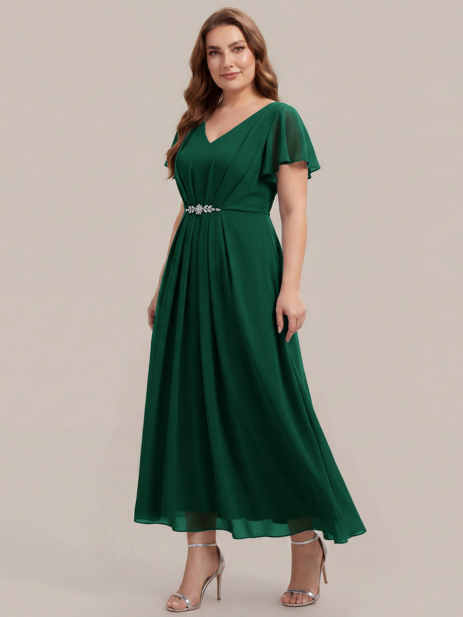 Robe longue maxi ligne A avec manches à volants col en V ornée de strass #Couleur_Vert Fonce