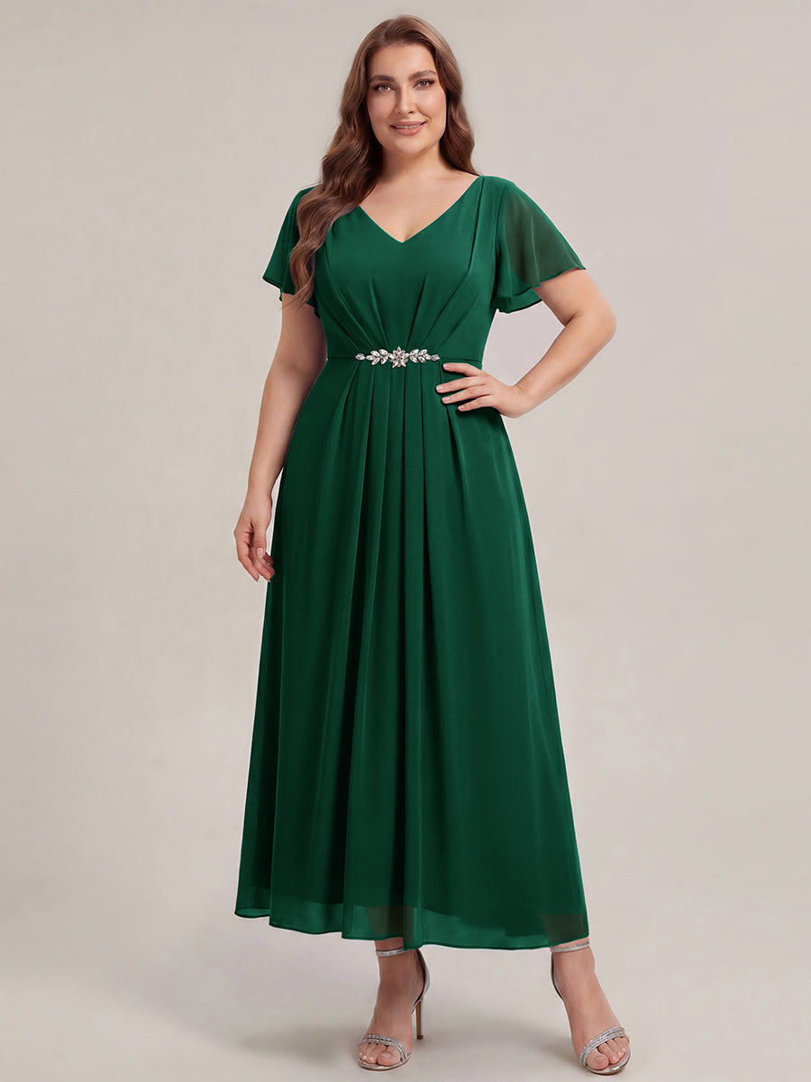Robe longue maxi ligne A avec manches à volants col en V ornée de strass #Couleur_Vert Fonce