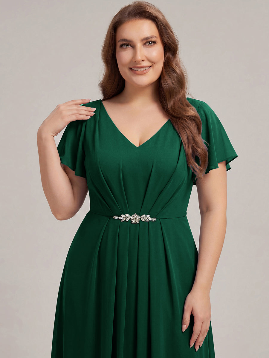 Robe longue maxi ligne A avec manches à volants col en V ornée de strass #Couleur_Vert Fonce
