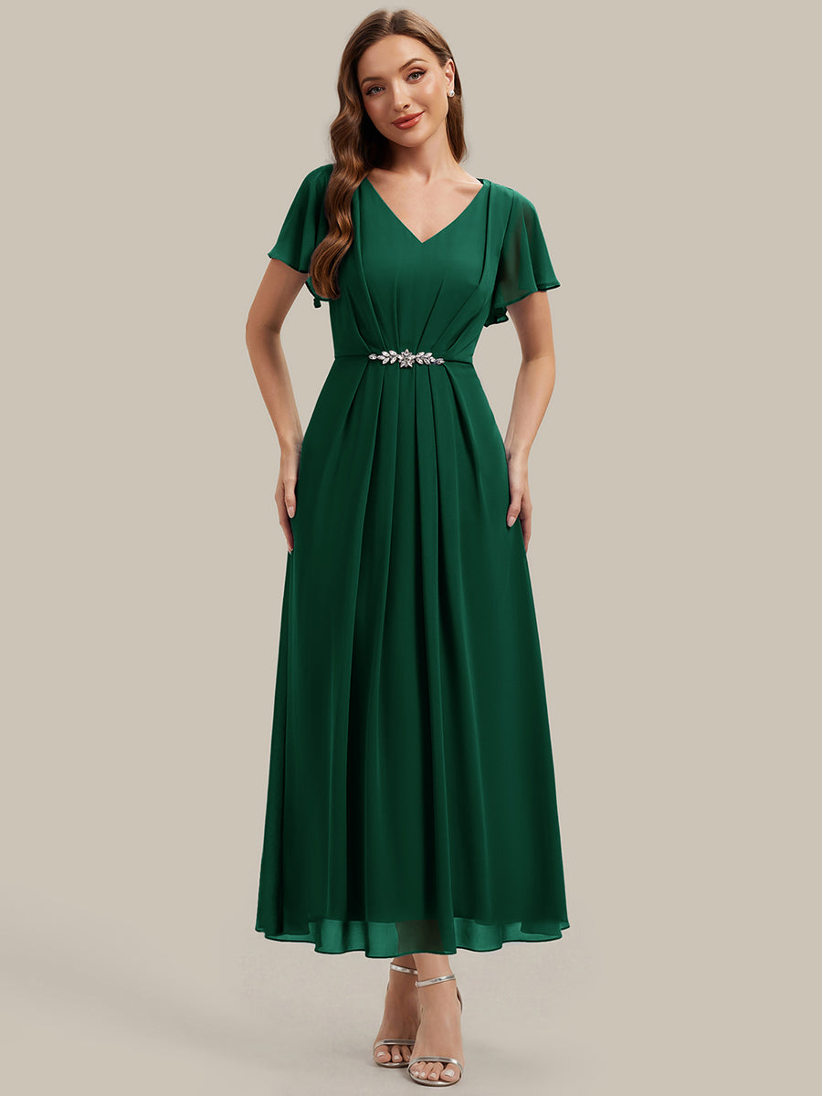 Robe longue maxi ligne A avec manches à volants col en V ornée de strass #Couleur_Vert Fonce