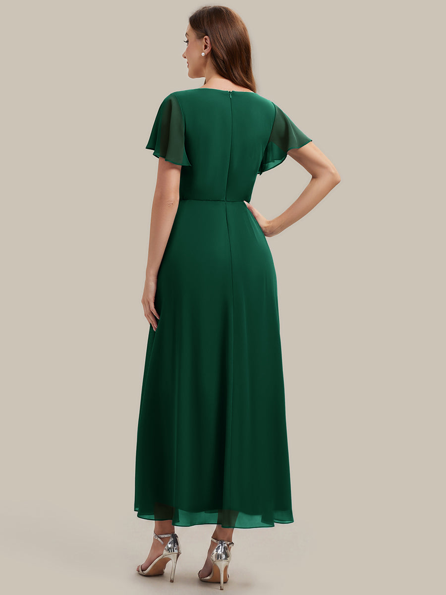 Robe longue maxi ligne A avec manches à volants col en V ornée de strass #Couleur_Vert Fonce