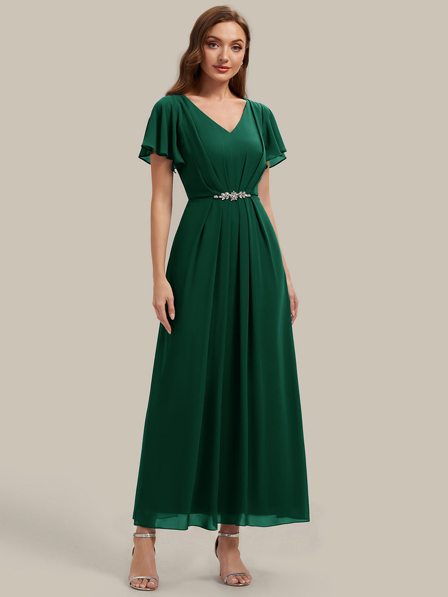 Robe longue maxi ligne A avec manches à volants col en V ornée de strass #Couleur_Vert Fonce
