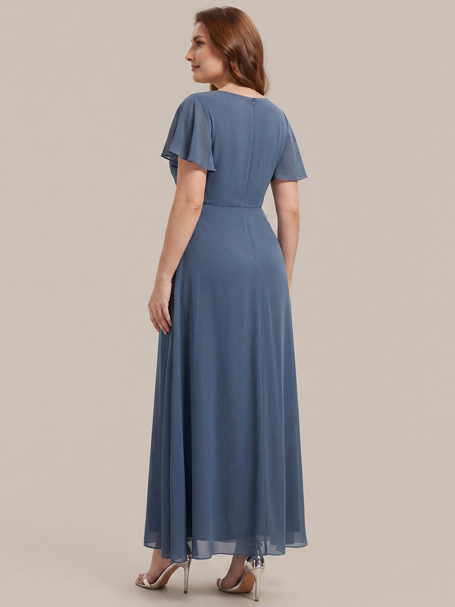 Robe longue maxi ligne A avec manches à volants col en V ornée de strass #Couleur_Marine Fume
