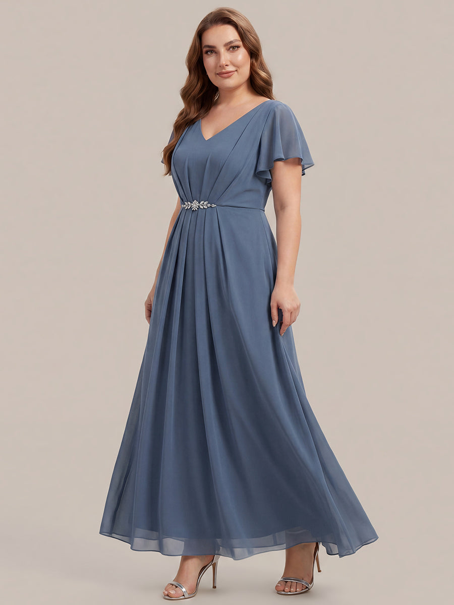 Robe longue maxi ligne A avec manches à volants col en V ornée de strass #Couleur_Marine Fume