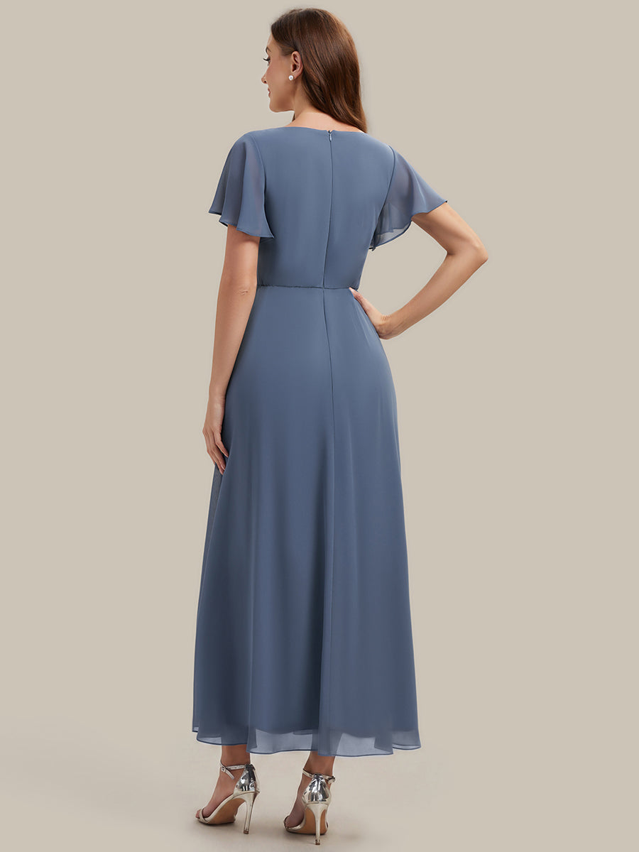Robe longue maxi ligne A avec manches à volants col en V ornée de strass #Couleur_Marine Fume