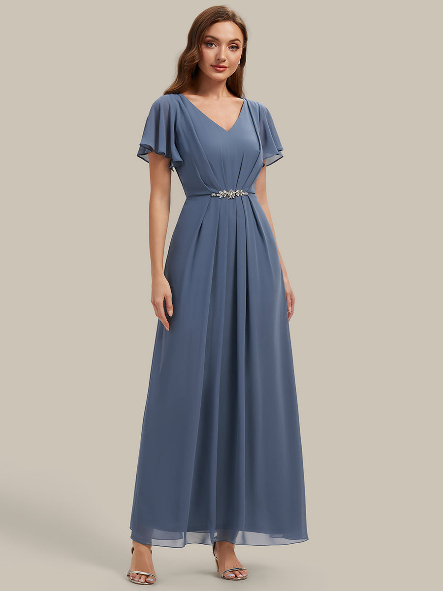 Robe longue maxi ligne A avec manches à volants col en V ornée de strass #Couleur_Marine Fume