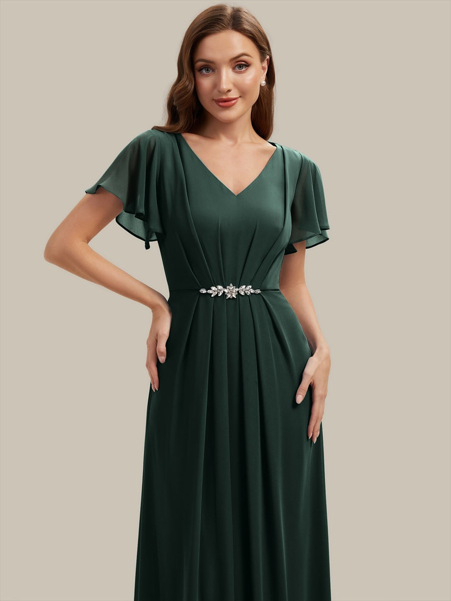 Robe longue maxi ligne A avec manches à volants col en V ornée de strass #Couleur_Vert forêt foncé