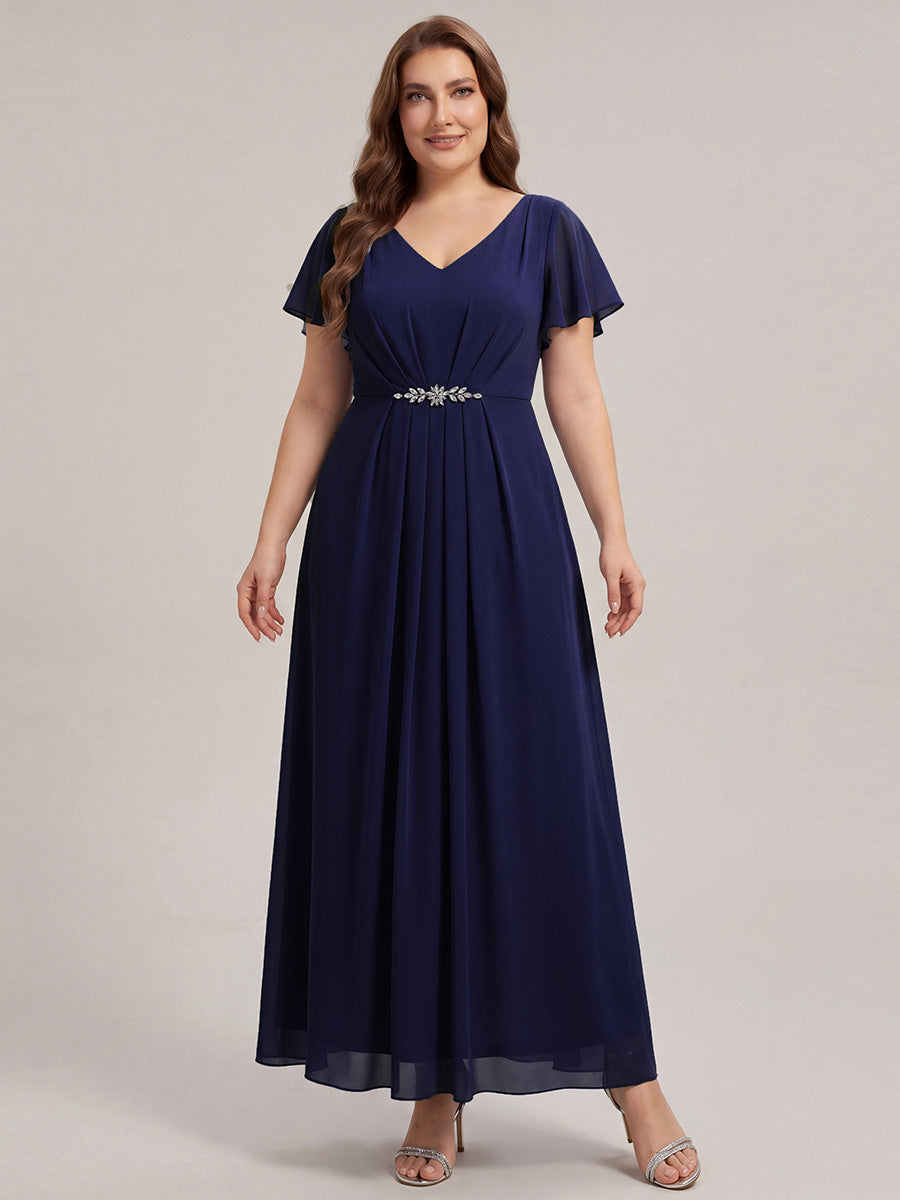 Robe longue maxi ligne A avec manches à volants col en V ornée de strass #Couleur_Bleu Marine