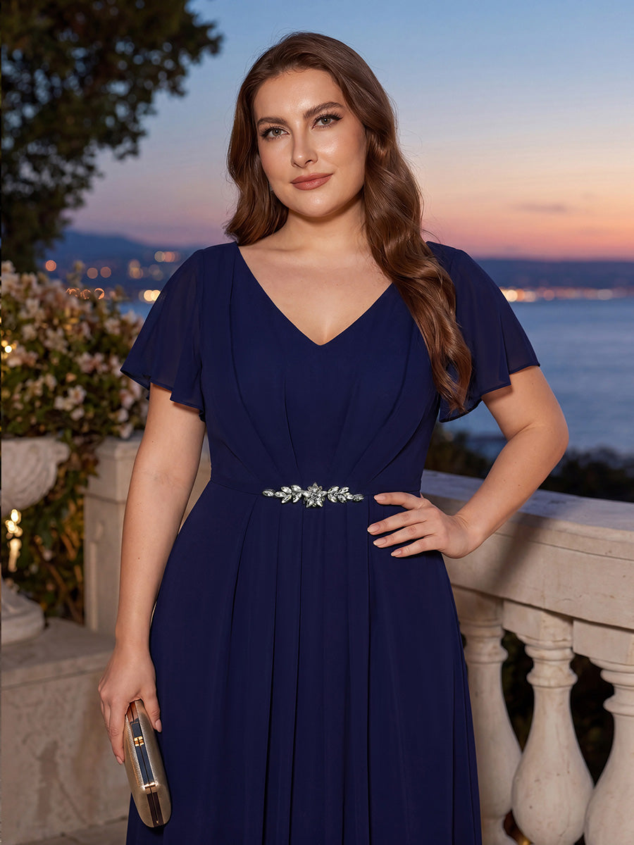 Robe longue maxi ligne A avec manches à volants col en V ornée de strass #Couleur_Bleu Marine