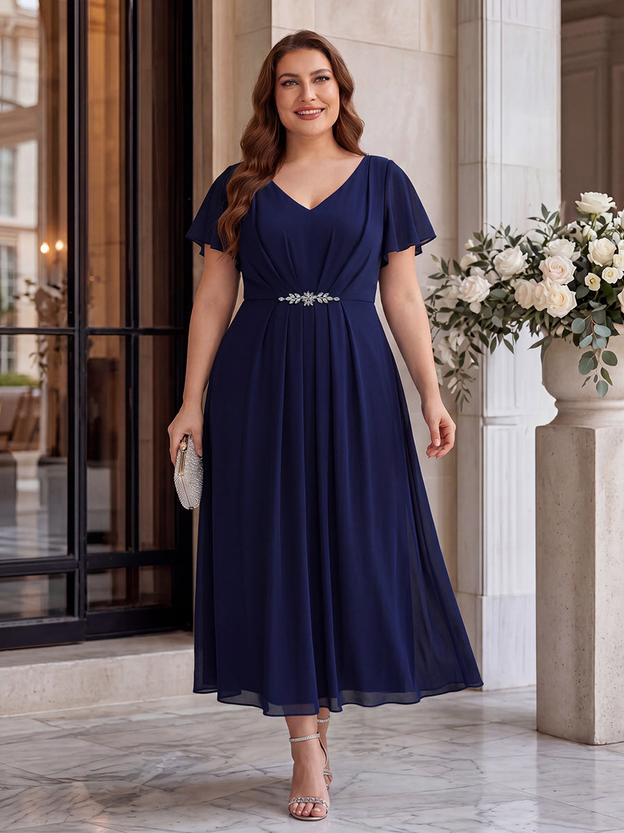 Robe longue maxi ligne A avec manches à volants col en V ornée de strass #Couleur_Bleu Marine