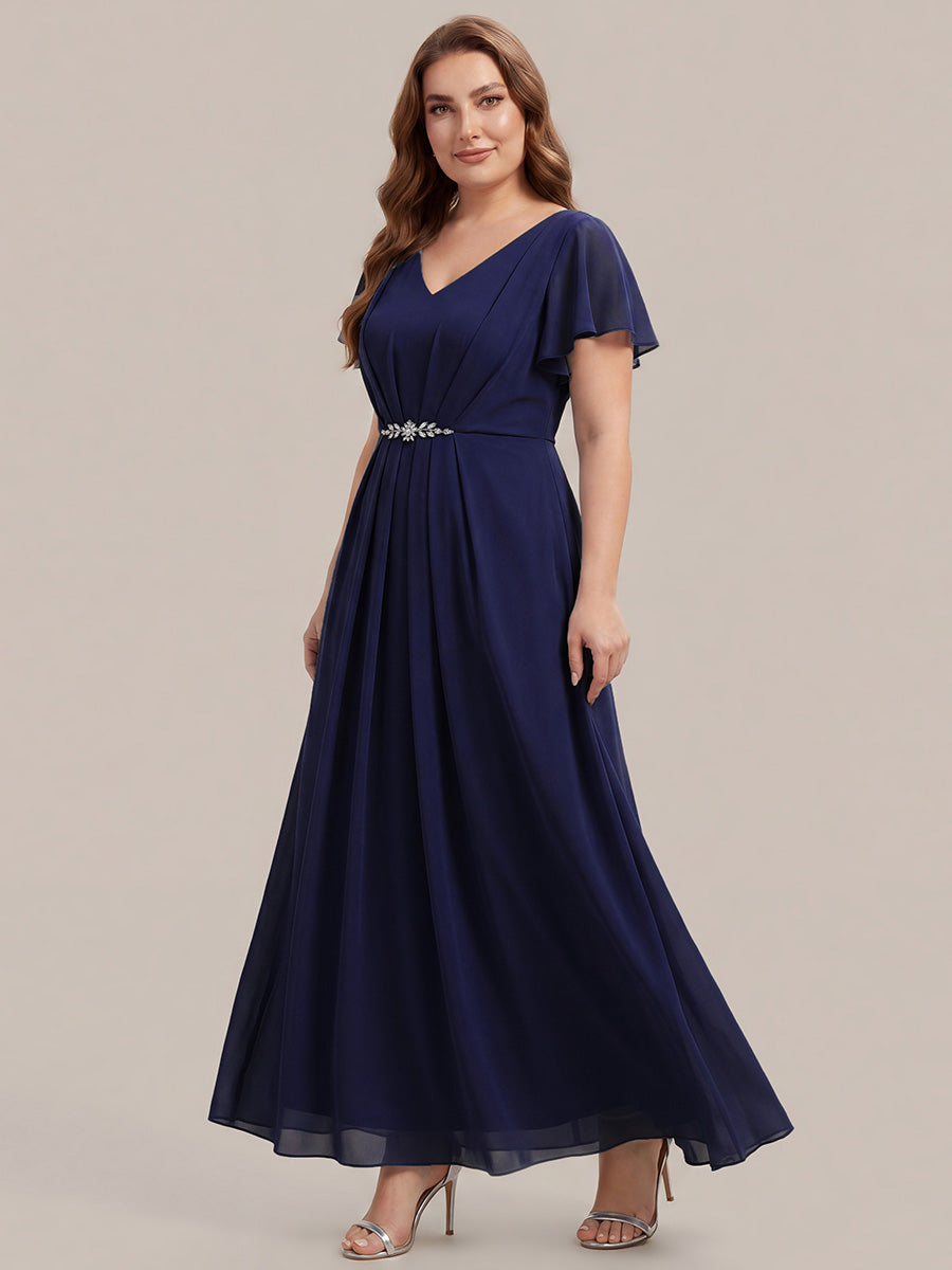 Robe longue maxi ligne A avec manches à volants col en V ornée de strass #Couleur_Bleu Marine