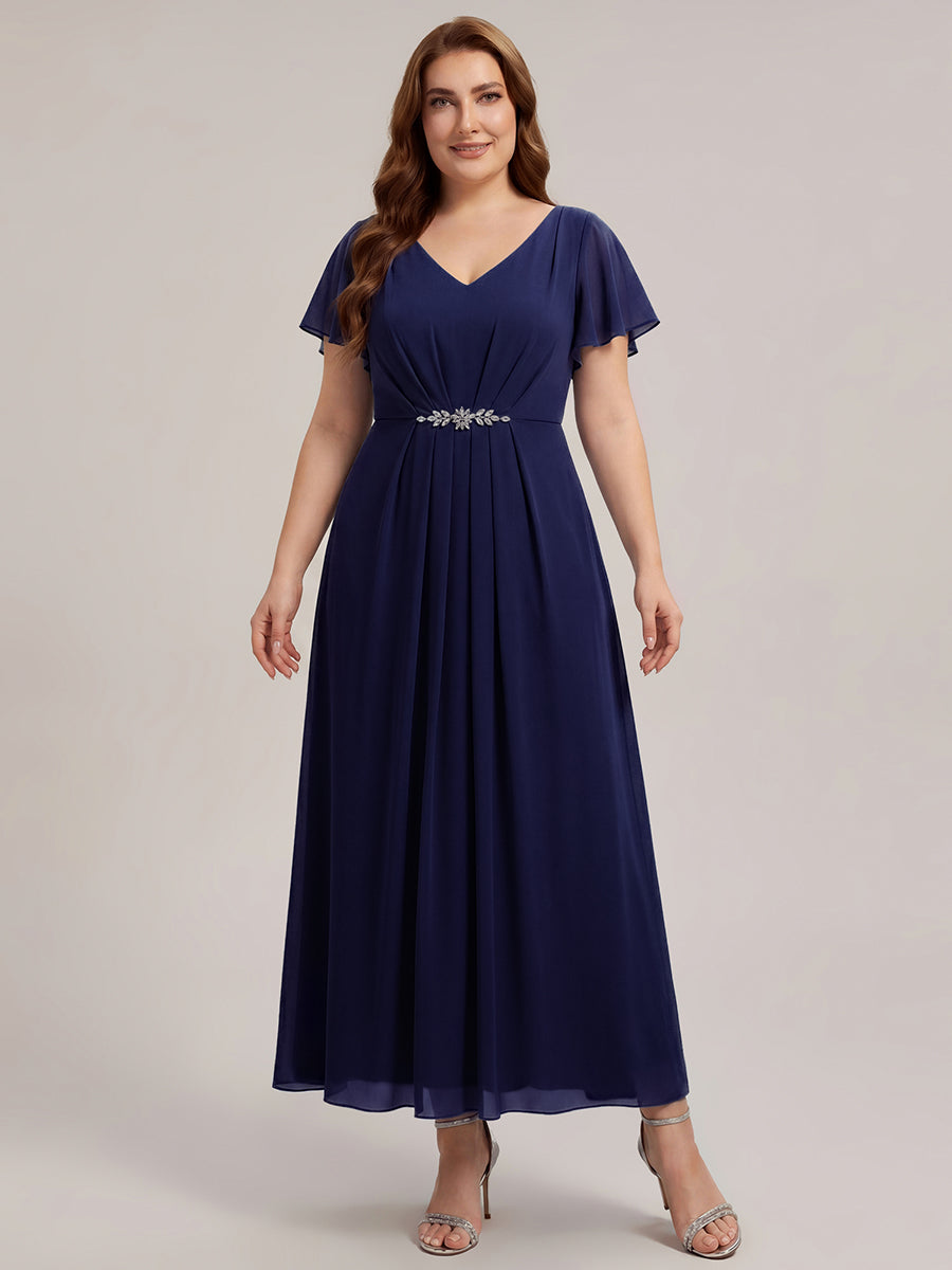 Robe longue maxi ligne A avec manches à volants col en V ornée de strass #Couleur_Bleu Marine