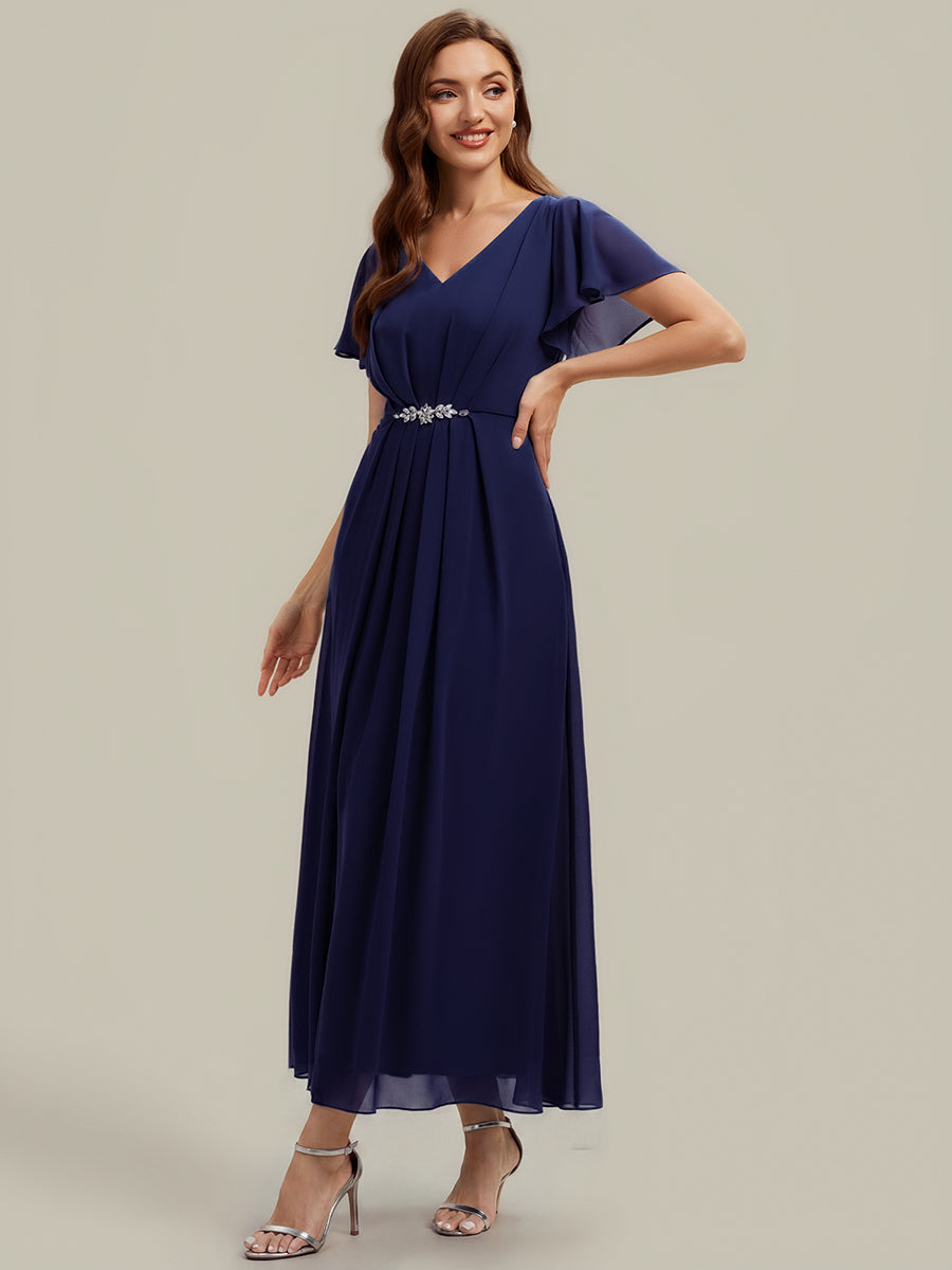 Robe longue maxi ligne A avec manches à volants col en V ornée de strass #Couleur_Bleu Marine