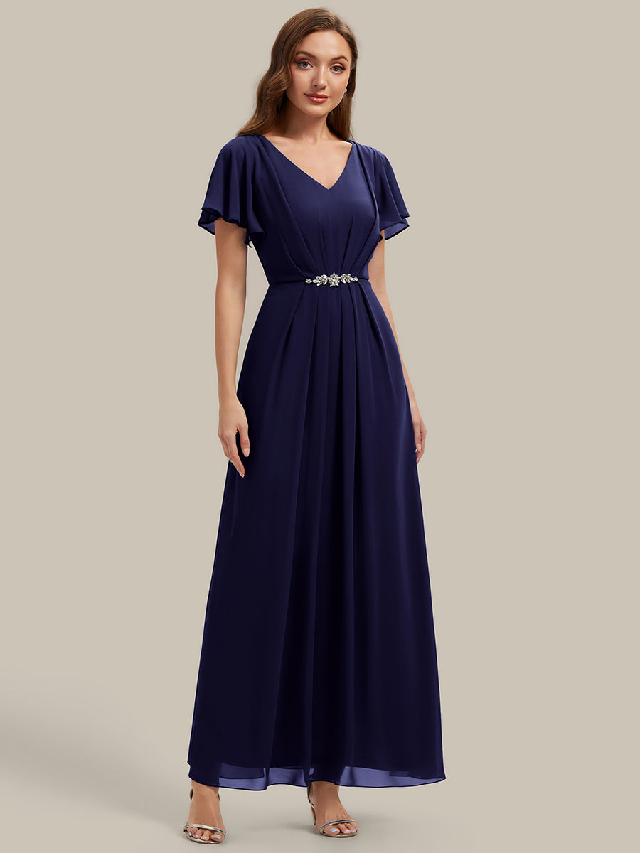 Robe longue maxi ligne A avec manches à volants col en V ornée de strass #Couleur_Bleu Marine