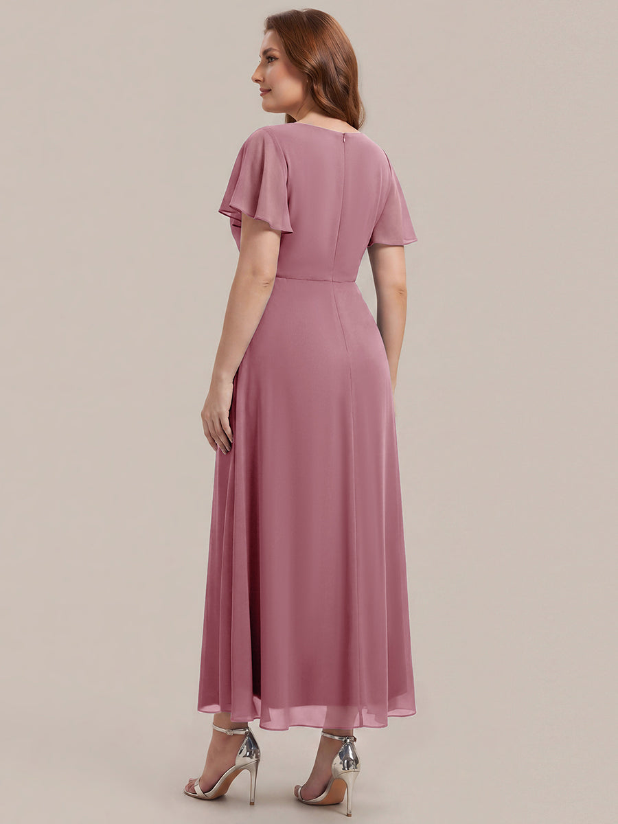 Robe longue maxi ligne A avec manches à volants col en V ornée de strass #Couleur_Orchidee