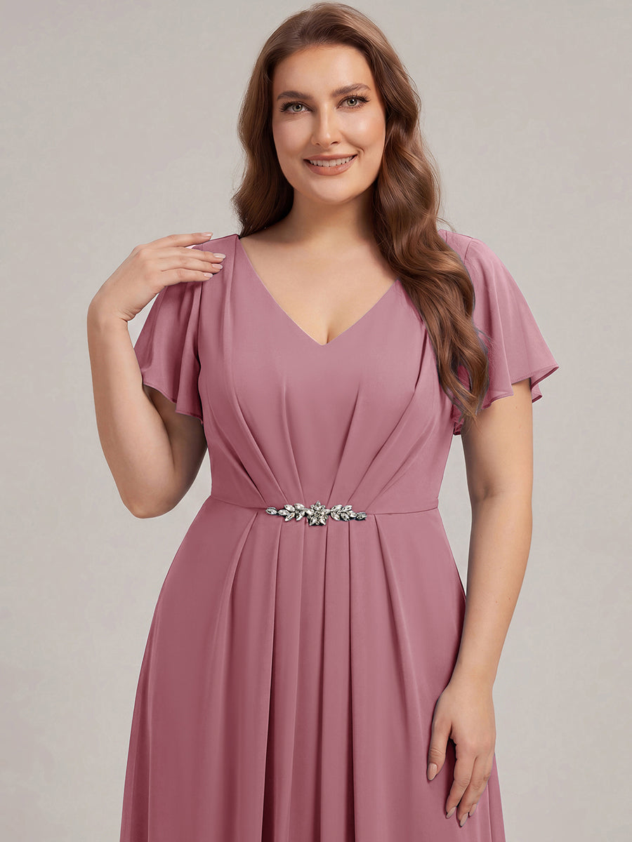 Robe longue maxi ligne A avec manches à volants col en V ornée de strass #Couleur_Orchidee