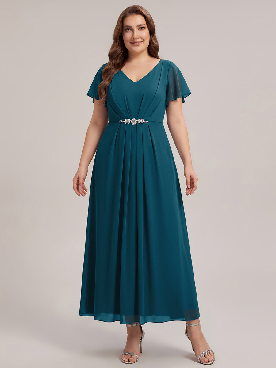 Robe longue maxi ligne A avec manches à volants col en V ornée de strass #Couleur_Bleu Sarcelle