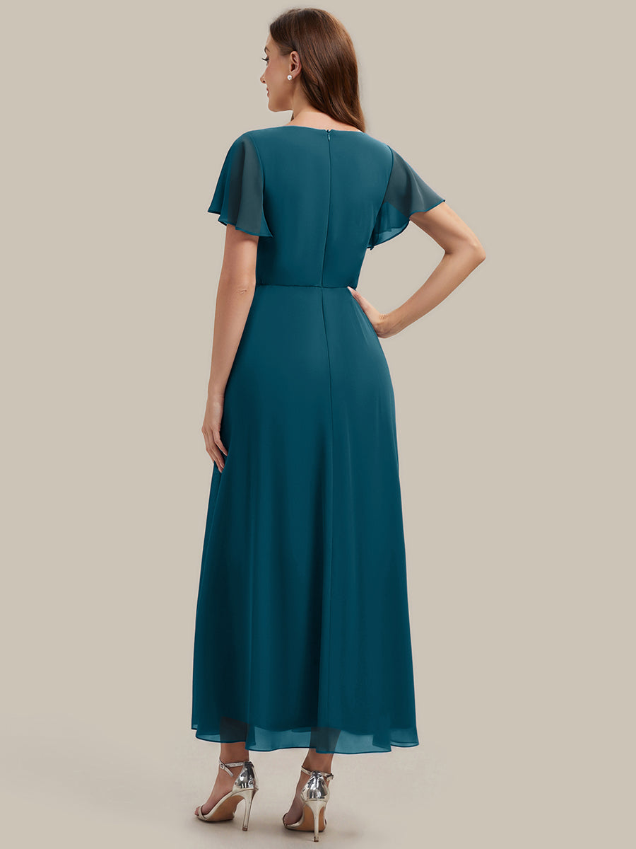 Robe longue maxi ligne A avec manches à volants col en V ornée de strass #Couleur_Bleu Sarcelle