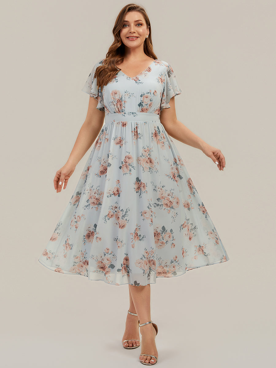 robe midi à manches courtes en V sans élasthanne avec des manches volantes #Couleur_Floraison Ambrée