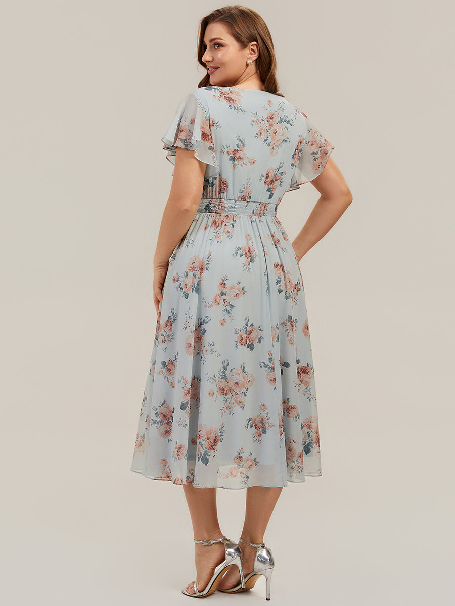 robe midi à manches courtes en V sans élasthanne avec des manches volantes #Couleur_Floraison Ambrée