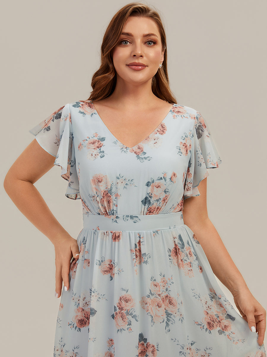 robe midi à manches courtes en V sans élasthanne avec des manches volantes #Couleur_Floraison Ambrée