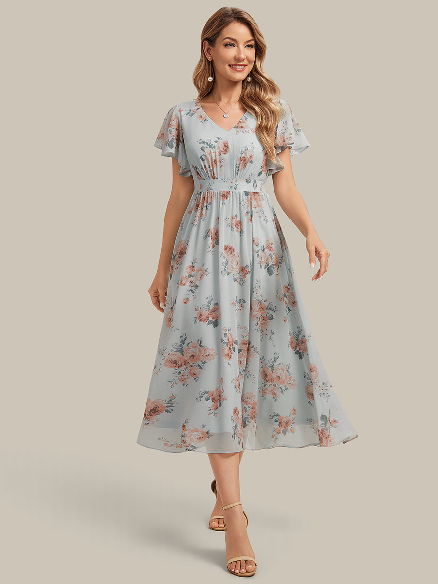 robe midi à manches courtes en V sans élasthanne avec des manches volantes #Couleur_Floraison Ambrée