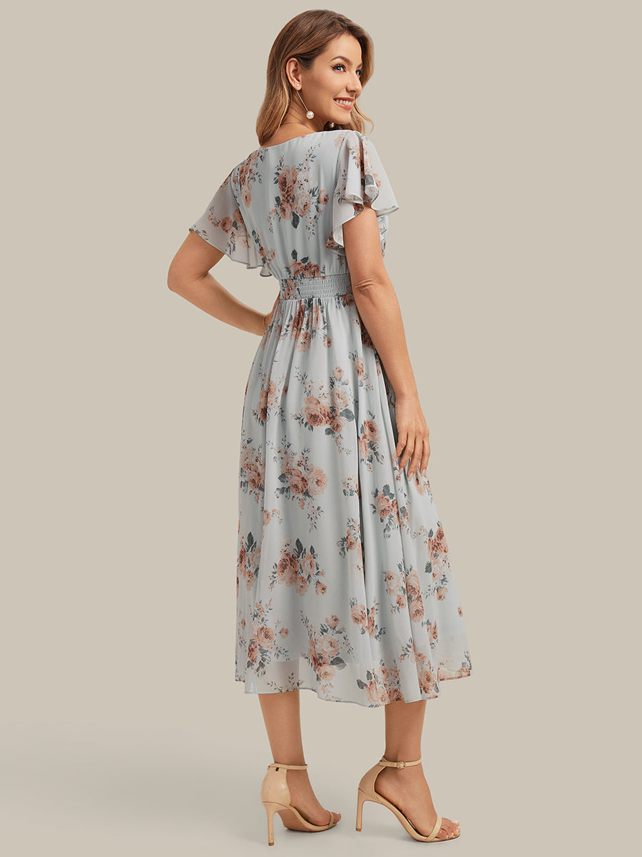 robe midi à manches courtes en V sans élasthanne avec des manches volantes #Couleur_Floraison Ambrée