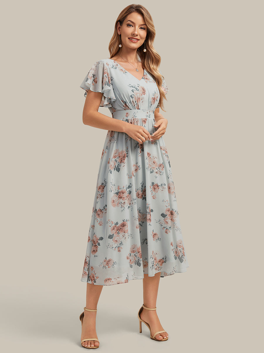 robe midi à manches courtes en V sans élasthanne avec des manches volantes #Couleur_Floraison Ambrée
