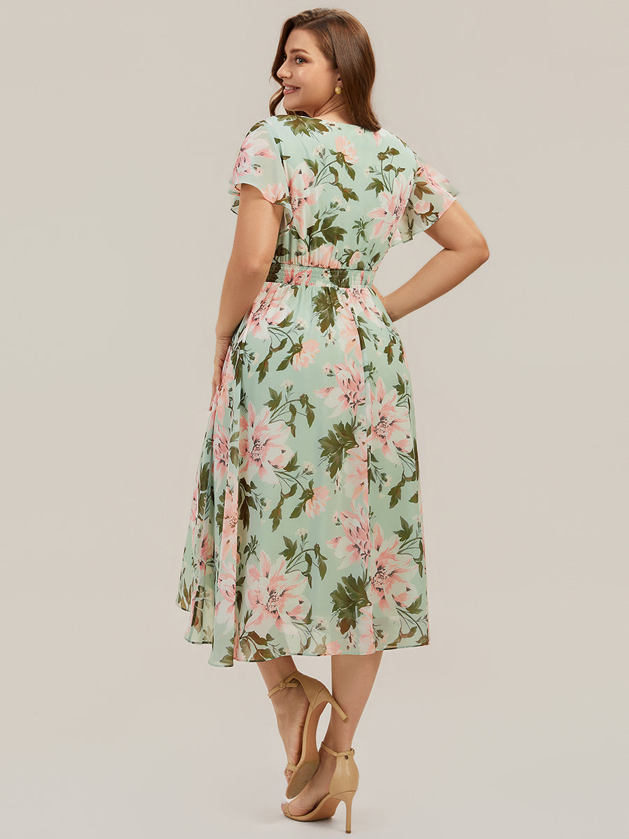 robe midi à manches courtes en V sans élasthanne avec des manches volantes #Couleur_Vert clair à fleurs