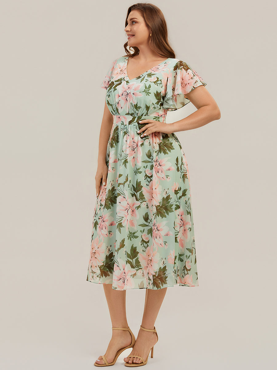 robe midi à manches courtes en V sans élasthanne avec des manches volantes #Couleur_Vert clair à fleurs