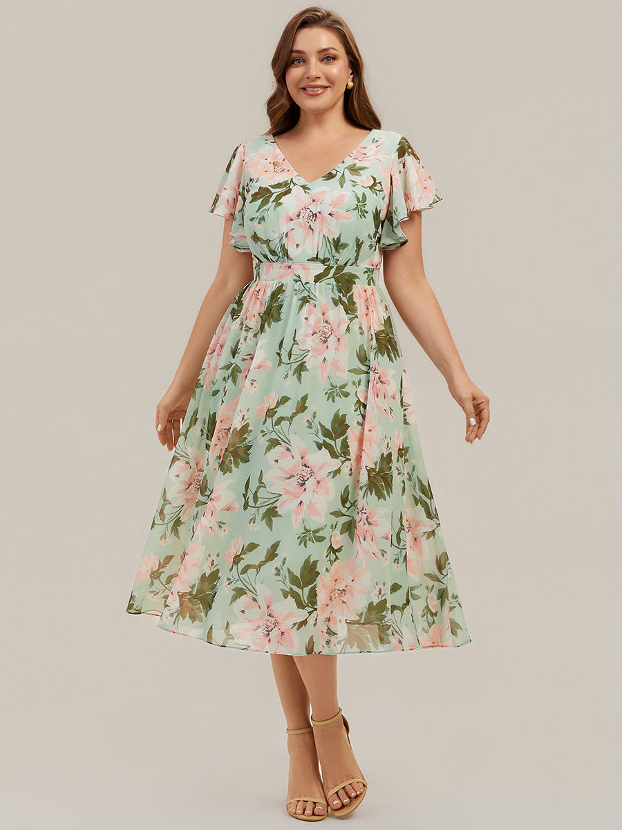 robe midi à manches courtes en V sans élasthanne avec des manches volantes #Couleur_Vert clair à fleurs