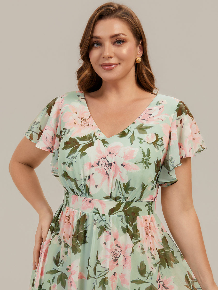 robe midi à manches courtes en V sans élasthanne avec des manches volantes #Couleur_Vert clair à fleurs