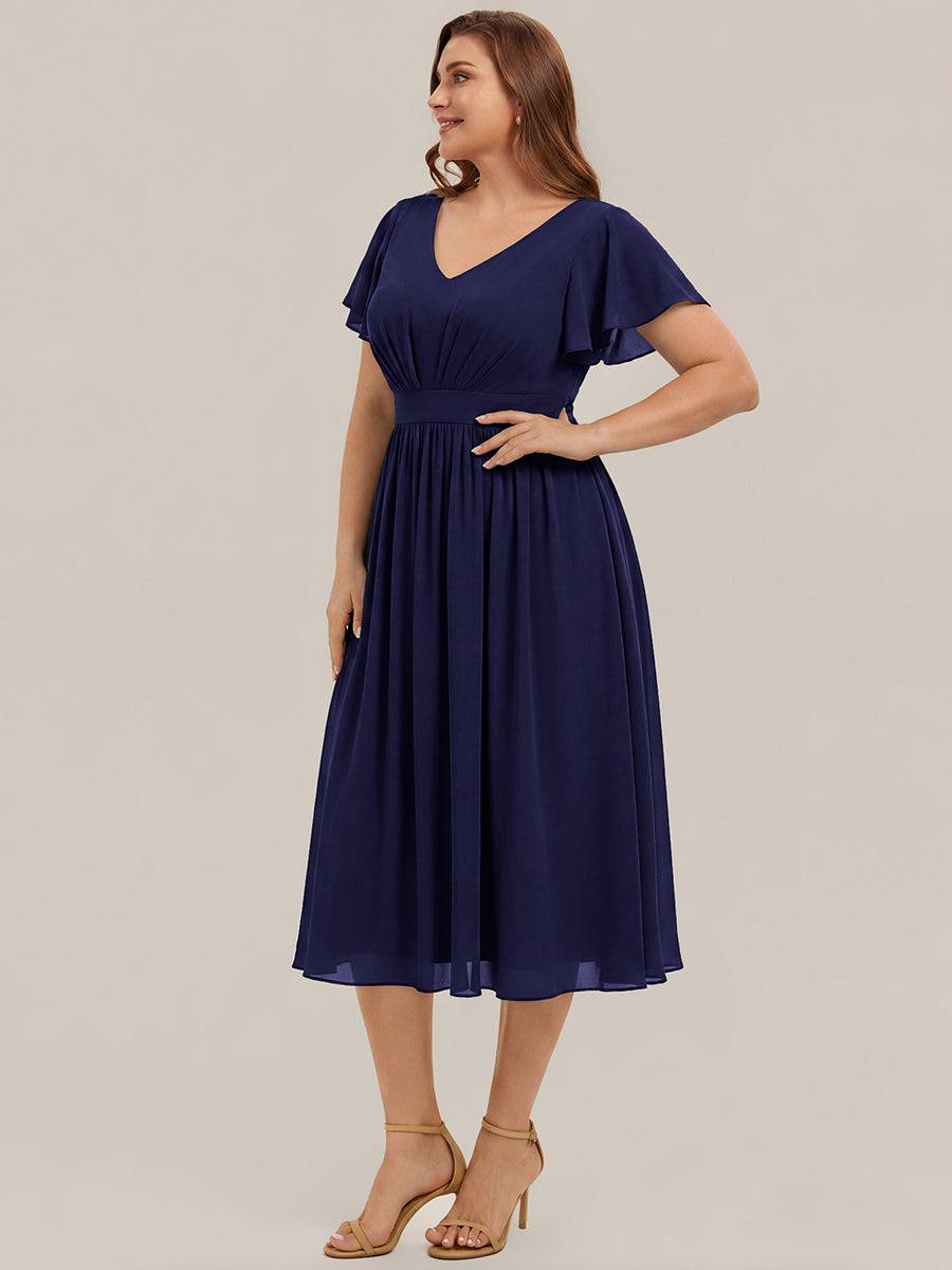 robe midi à manches courtes en V sans élasthanne avec des manches volantes #Couleur_Bleu Marine
