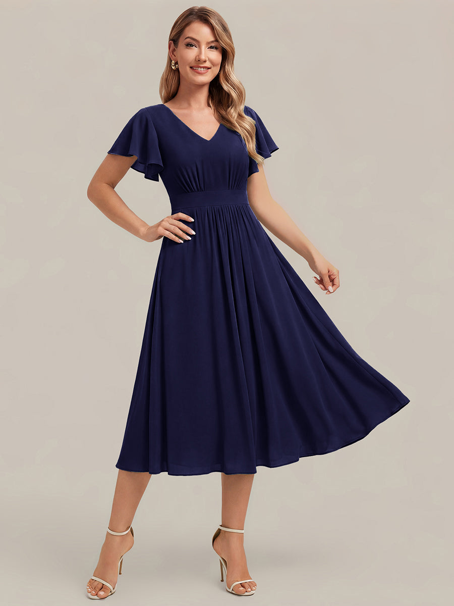 robe midi à manches courtes en V sans élasthanne avec des manches volantes #Couleur_Bleu Marine